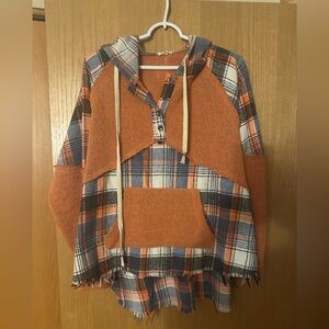 POL Plaid Patchwork Hoodie with Kangaroo Pocket